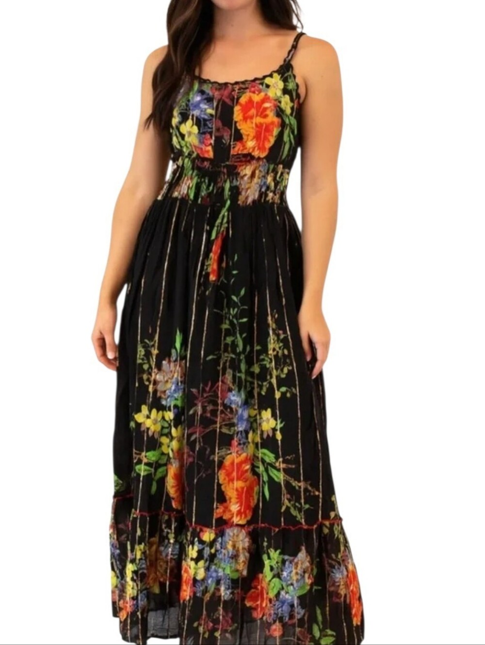 NEW Floral Black Maxi Dress Long Strappy Festive Party Sz.M S